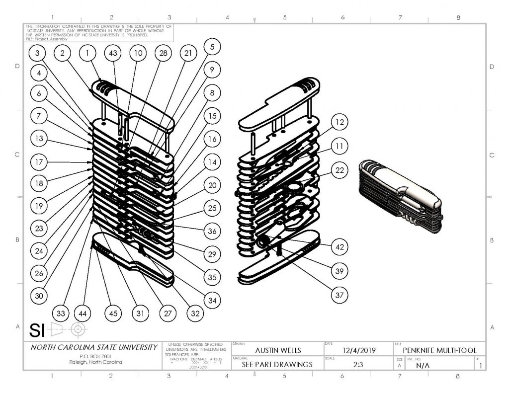 Assembly exploded-view and normal isometric of the knife