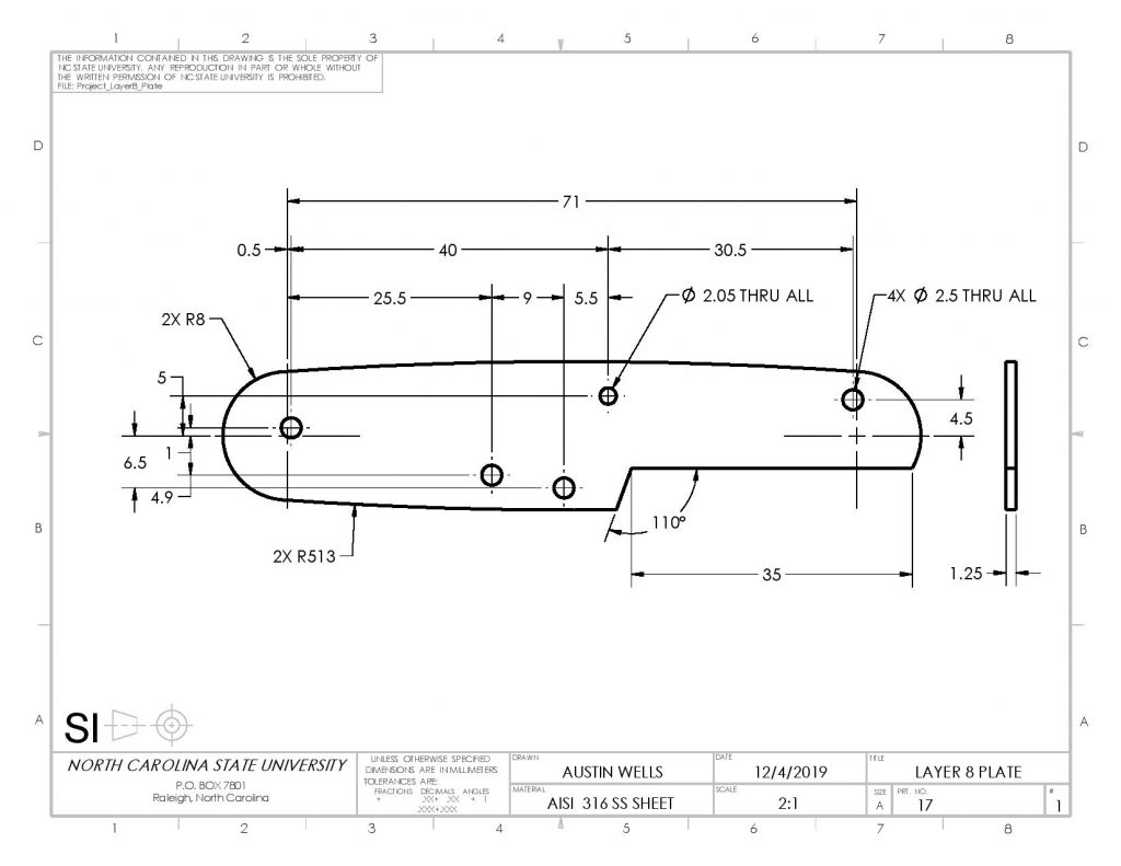 Drawing of the spacing plate between layers 7 and 9 of the knife