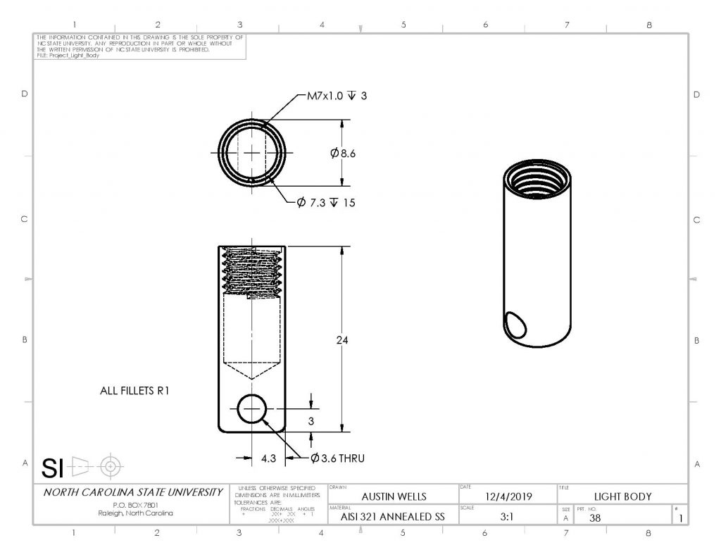 Drawing of the main housing of the knife's flashlight